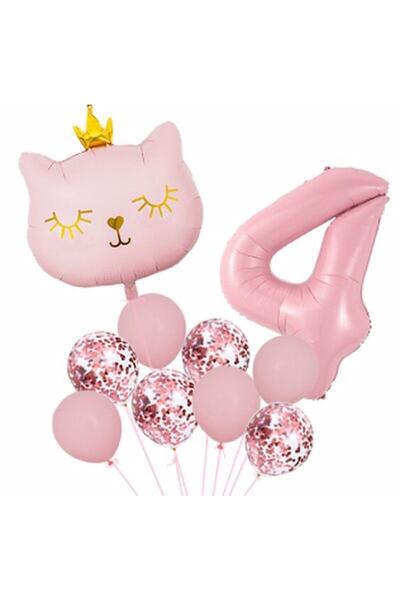 Parti Station Pink Cat 4 Year Old Balloon Set Balloon Foil Set Pink Cat Conce...