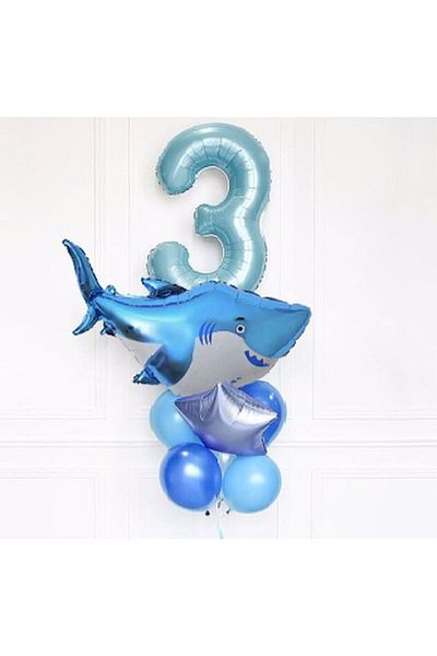 Parti Station Shark 3 Year Old Balloon Set Star Balloon Foil Set Shark Concept Birthday Set Age Balloon Set