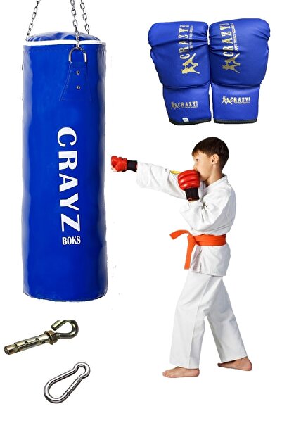 Crazy Çocuk Boks Torbası Çocuk Kum Torbası Çocuk Boks Eldiveni Set Askı Aparatı Mavi