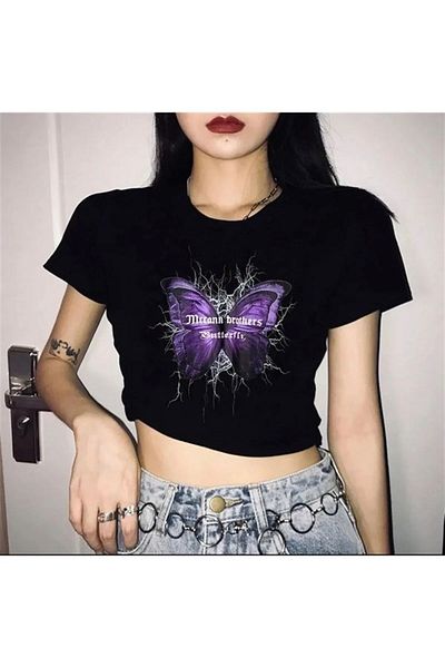 Gofeel Purple Butterfly Patterned Black Color Harajuku Women's Crop Blouse T-Shirt