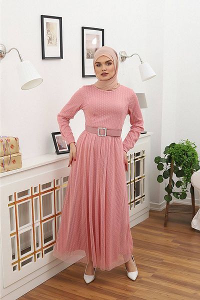 Neşeli Butik γυναικείο πουά φόρεμα με χιτζάμπ RSSN45 - Ξηρό τριαντάφυλλο