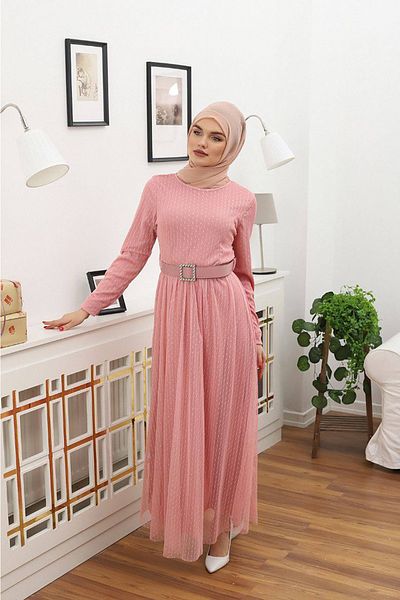 Neşeli Butik γυναικείο πουά φόρεμα με χιτζάμπ RSSN45 - Ξηρό τριαντάφυλλο