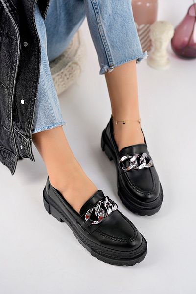 StWenn Γυναικεία Μαύρη Αλυσίδα Χονδρή Σόλα Loafer Moccasin Παπούτσια Πλατινένια αλυσίδα