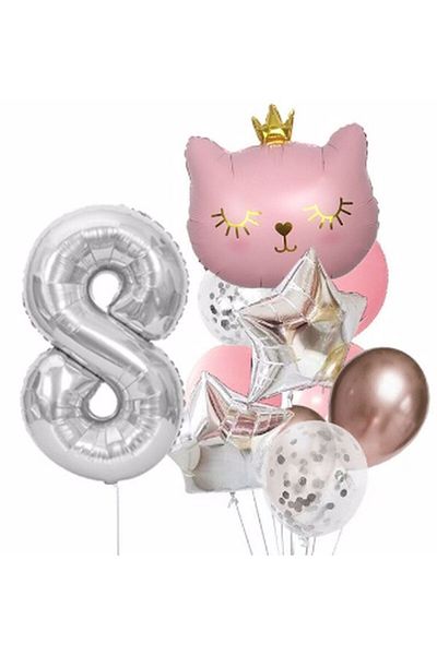 Parti Station Pink Cat 8 Year Old Balloon Set Star Balloon Foil Set Pink Cat Concept Birthday Set Age Balloon Set