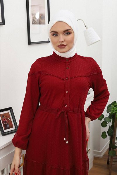 Neşeli Butik γυναικείο κουμπί με λεπτομερή ισλαμικό φόρεμα RSSN44 - Βουργουνδία
