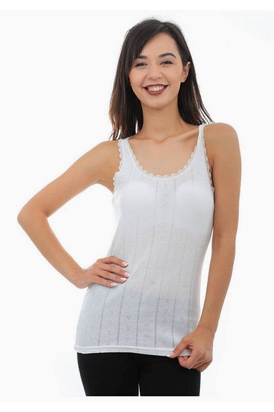 Tutku Women's Ecru Jacquard Wide Strap Cotton Undershirt 1 Pack New Season (6 Pieces Economical Pack)