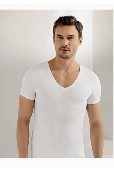 Şahinler Men's White Short Sleeve V-Neck Lycra Single Jersey Undershirt M New Season (6 Pieces Economical Package)