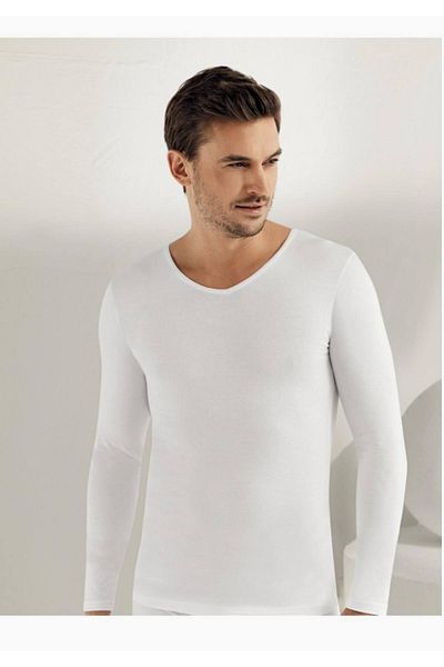 Şahinler Men's White Long Sleeve V-Neck Lycra Single Jersey Undershirt M New Season (6 Pieces Economic Package)