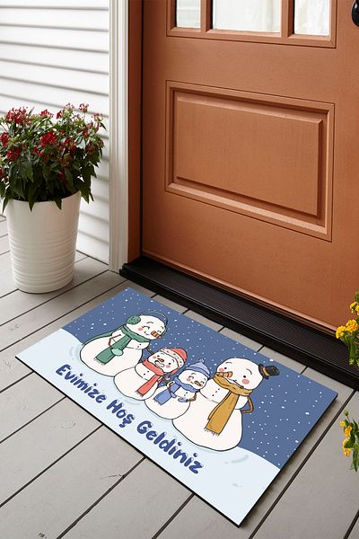 Vagonik New Year's Snowman Family Digital Printed 50x70cm Decorative Multi-Purpose Indoor and Outdoor Door Mat