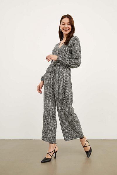 Hanna's by Hanna Darsa Women's V-Neck Buttoned Front Long Sleeve Belted Waist Printed Patterned Cotton Woven Jumpsuit