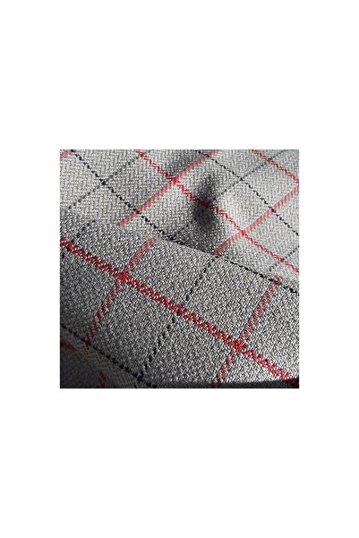 B'Dekor Kırmızı Toprak Rengi Ekose Desenli Keten Jakarlı Döşemelik Kumaş Koltuk Kumaşı