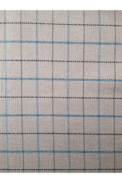 B'Dekor Krem Mavi Çizgili Ekoseli Döşemelik Kumaş Keten Jakarlı Mobilya Kumaşı