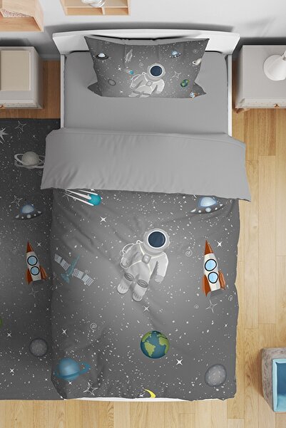 EVPANYA Gri Uzay Küçük Astronot Desenli Tek Kişilik Bebek Çocuk Nevresim Seti