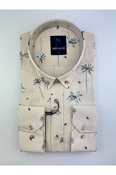 MEGALDİ Erkek Slim Fit Kesim Keten Yeşil Palmiye Desenli Uzun Kollu Gömlek