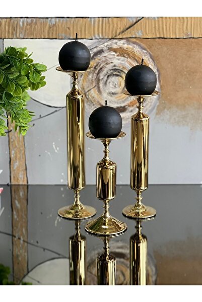 ArzzHome 3 Lü Angel Cam Mumluk & Şamdan Gold Titanyum + Siyah Mum