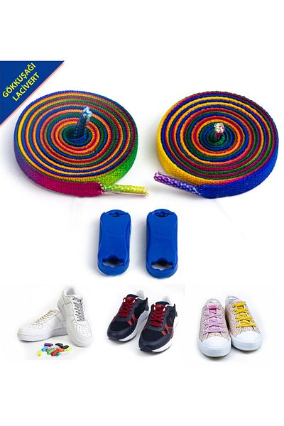 AiryFooT Takbırak Elastic Shoelaces, Smart Laces, New Generation Laces, Navy Blue Rainbow