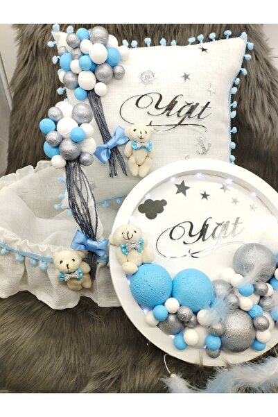 7Renk Ledli Ahşap Ayıcıklı Kapı Panosu Kız-Erkek Bebek Kapı Süsü Mavi Pembe Hastane Kapı Süsü Takım