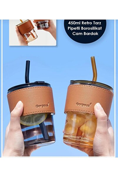 YzHome 400ml Isıya Dayanıklı Pipetli Borosilikat Retro Deri Şeritli Bardak | ...