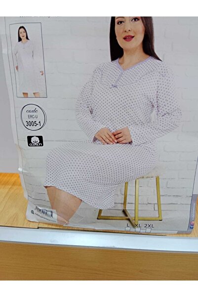 NUR TEKSTİL Kadın Beyaz Lila %100 Cotton Pamuk Penye Uzun Kol Büyük Beden Ann...