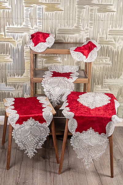 Teksev Nurbanu Claret Red Velvet Set 5 piese din dantela argintie - Set camera de zi Dowry fata de masa
