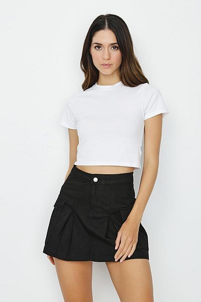 Select Moda Fusta mini denim neagră plisată cu buzunar pentru femei