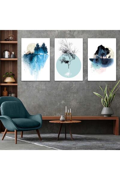 Zevahir Mobilya Dekorasyon Üçlü Mdf Ada Ağaç Tablo Seti