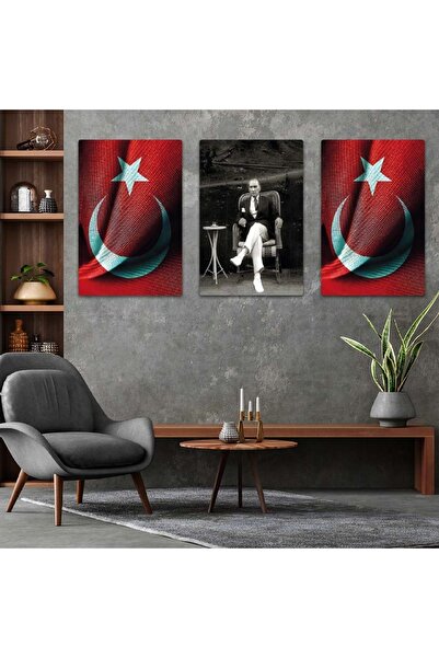 Zevahir Mobilya Dekorasyon Set de pictură triplu MDF steagul turcesc și Atatürk