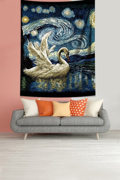 Latibule Van Gogh Nopți înstelate Lebădă pe râu Tapiserie de perete din țesăt...