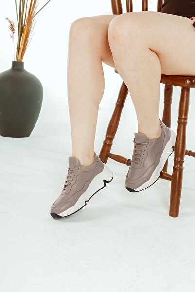 Cooliza Genuine Leather Laced Eva Thick Sole Daily Comfortable Women's Sports Shoes Mink