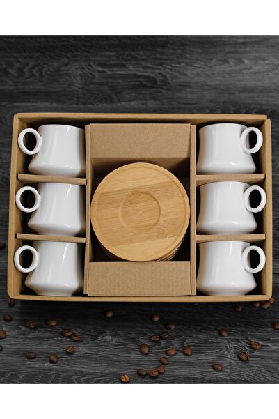 vegahediye v vega 6'lı Bambu Tabaklı Porselen Türk Kahve Fincan Takımı 12 Par...