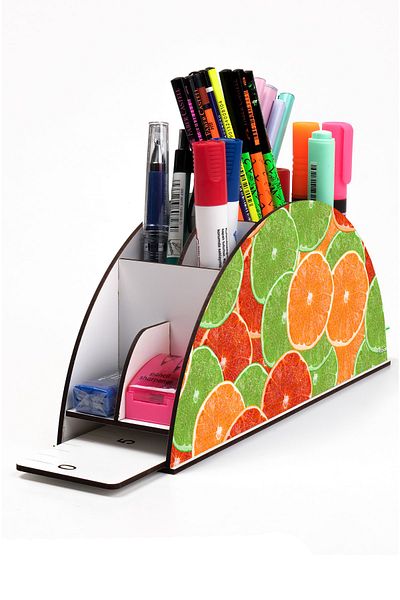 kutuTR Wooden Vip Fruit Series Rainbow Ruled Desktop Pen Holder Organizer with Assembled Box