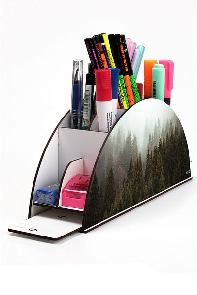kutuTR Wooden Vip Mountain Series Rainbow Ruled Desktop Pen Holder Organizer with Assembled Box