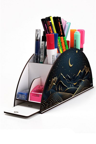 kutuTR Wooden Vip Mountain Series Rainbow Ruled Desktop Pen Holder Organizer with Assembled Box