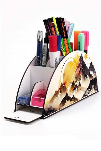 kutuTR Wooden Vip Mountain Series Rainbow Ruled Desktop Pen Holder Organizer with Assembled Box