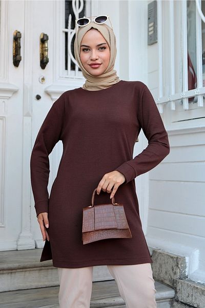 Bestenur Hijab Tunic 531 - Καφέ, με λεπτομέρεια από φυτίλι