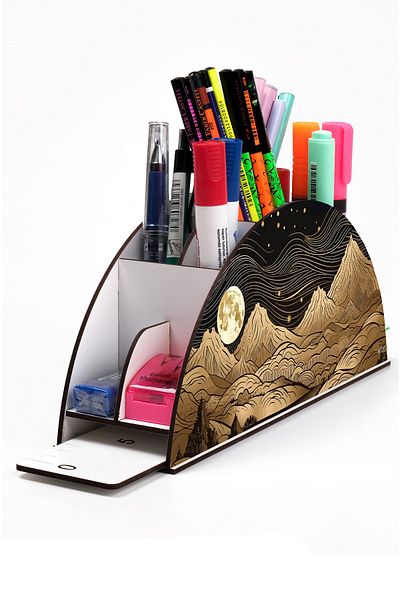kutuTR Wooden Vip Mountain Series Rainbow Ruled Desktop Pen Holder Organizer with Assembled Box