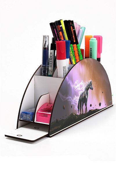 kutuTR Vip Ai Model Series - Rainbow Pattern Wooden Pen Holder Organizer with Ruler and Desktop Mount Box