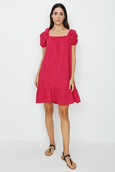 Select Moda Γυναικείο φούξια φόρεμα με μανίκια με μπαλόνια με κέντημα