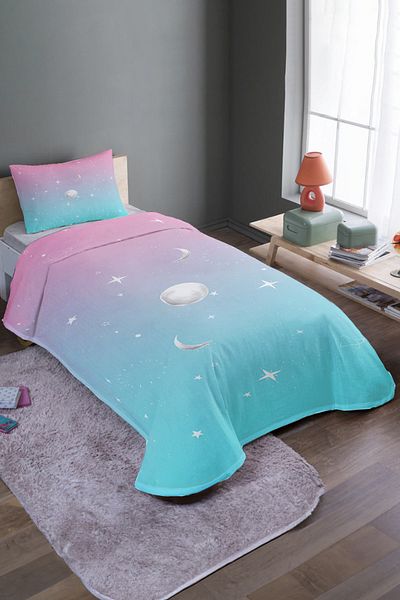 EVPANYA Set și cuvertură de pat unică cu model Moon și stele turcoaz roz