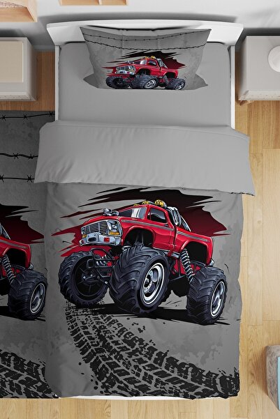 EVPANYA Gri Monster Truck Desenli Tek Kişilik Bebek Çocuk Nevresim Seti