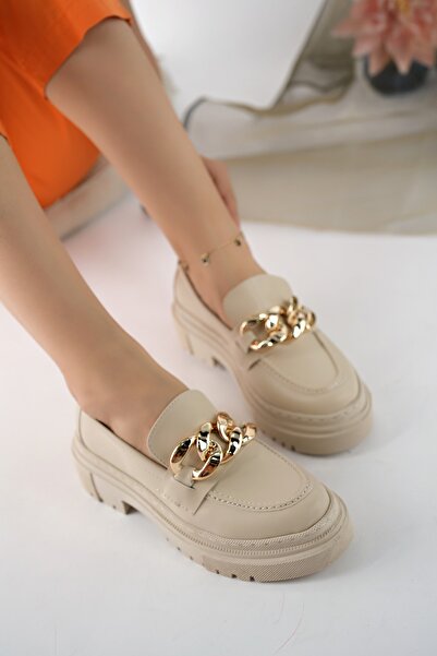 StWenn Дамски мокасини с дебела подметка, бежови веган кожени златисти верижки