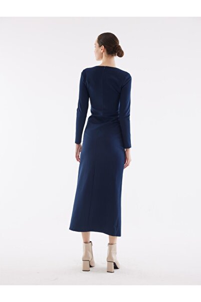 Juste Studio Сукня з асиметричним коміром та розрізом темно-синього кольору