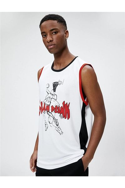 Koton 3sam30011nk 000 Weißes kurzes und ärmelloses Herren-T-Shirt aus Jersey mit Rundhalsausschnitt