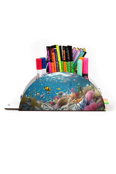 kutuTR Wooden VIP Ocean Series Rainbow Ruled Desktop Pen Holder Organizer with Assembled Box