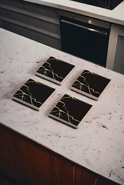 Baumatelier Siyah Kintsugi Sanatı, Kintsukuroi Art Doğal Taş Traverten Bardak Altlığı 4 Lü Set