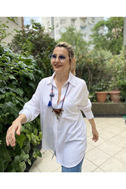 MAABMODA Kadın Keten Beyaz Oversize Gömlek