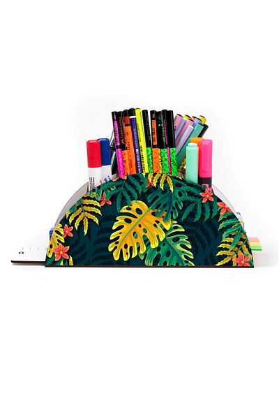 kutuTR Wooden VIP Forest and Leaves Series Desktop Pen Holder Organizer with Rainbow Ruler Assembled Box