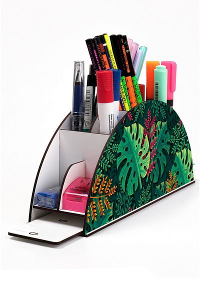 kutuTR Wooden VIP Forest and Leaves Series Desktop Pen Holder Organizer with Rainbow Ruler Assembled Box