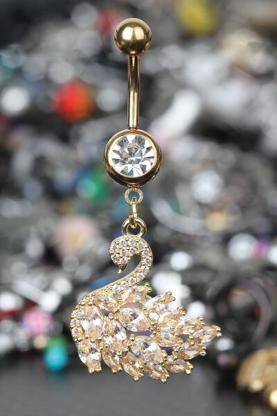 depozoom 316l Cerrahi Çelik Özel Üretim Zirkon Taş Kuğu Göbek Piercing Gold