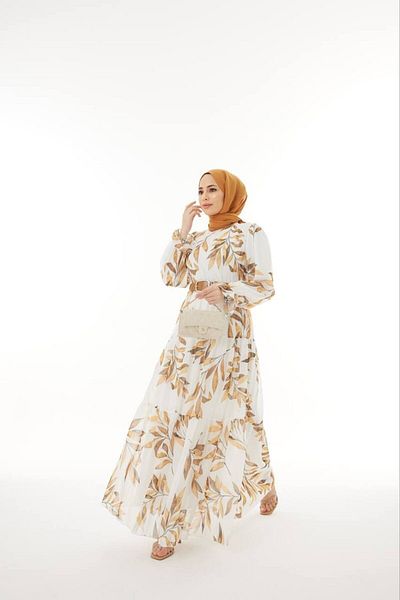 She Olive Patterned Elegant Chiffon Dress - yellow